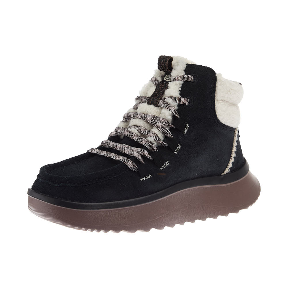 Hey Dude Women's Wendy Peak Apres Suede Black and Tan Lace Up Casual